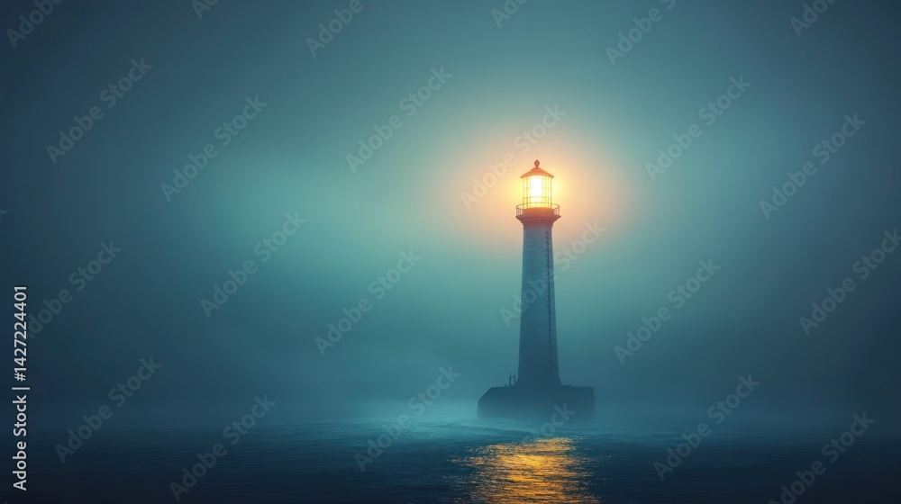 A solitary lighthouse illuminates a foggy sea during the night A solitary lighthouse illuminates a foggy sea during the night