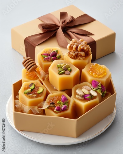Honeycomb Honey Gift Set Beige Box with Nuts and Dried Flowers