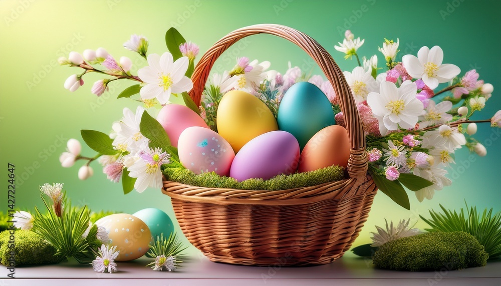 a beautifully arranged easter basket with multicolored eggs and fresh flowers branches creates a bright and cheerful spring atmosphere a beautifully arranged easter basket with multicolored eggs and fresh flowers branches creates a bright and cheerful spring atmosphere