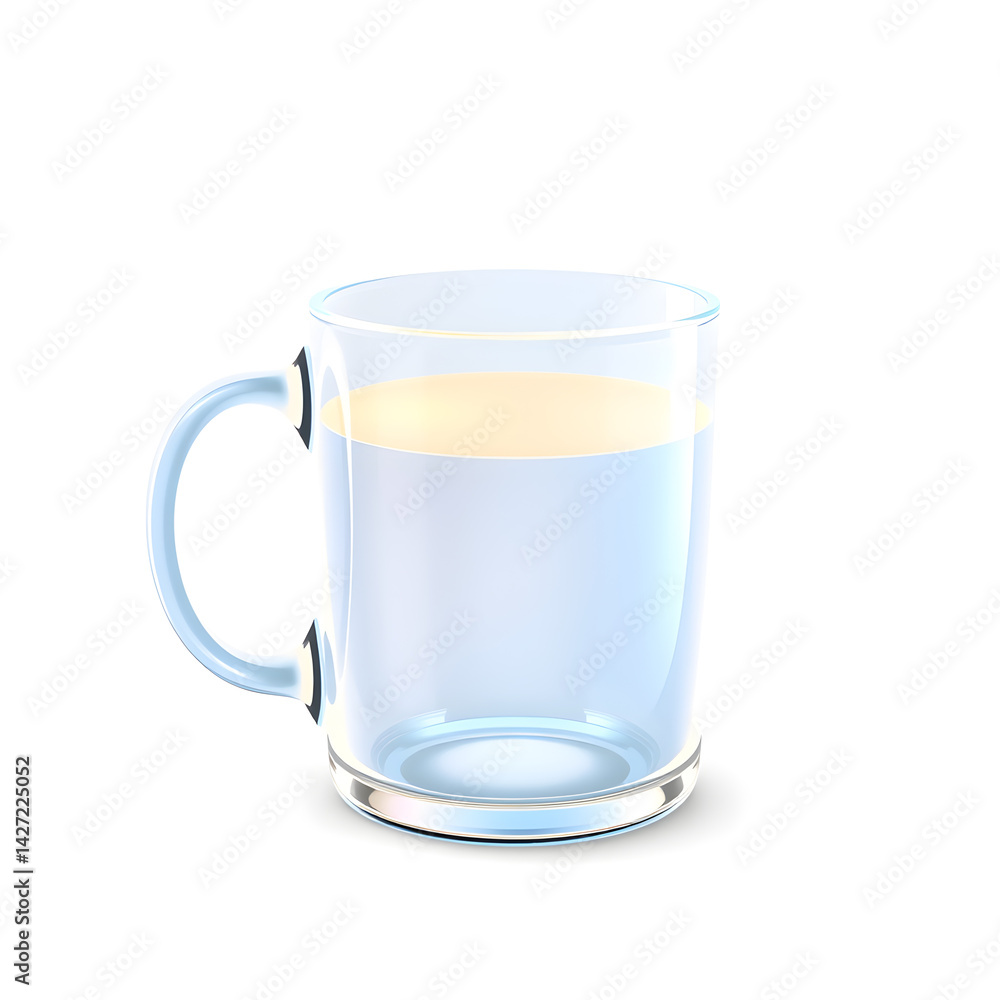 Mug – A 3D glass mug, smooth and rounded, transparent with soft glowing effect, glossy surface, white background, icon-style illustration. Generative AI Mug – A 3D glass mug, smooth and rounded, transparent with soft glowing effect, glossy surface, white background, icon-style illustration. Generative AI