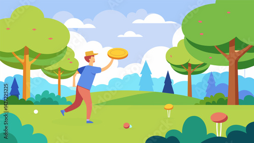 A leisurely afternoon spent tossing frisbees through an elaborate course of trees and obstacles in the park.. Vector illustration