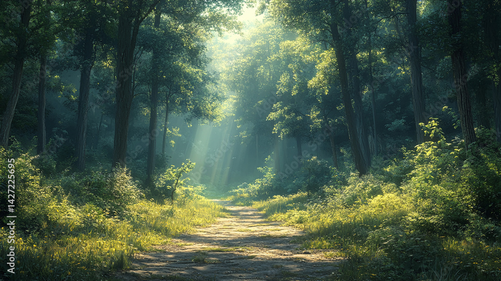 Fototapeta premium Sunbeams illuminating a pathway through a lush forest.