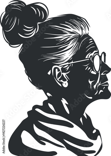 Stylized profile portrait of an elderly woman wearing glasses and a hair bun in silhouette.
