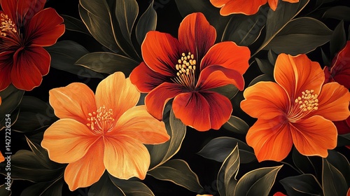 Wallpaper Mural Vibrant Orange and Red Flowers Dark Background Botanical Illustration Detailed Painting Artistic Floral Design Nature Inspired Exquisite Blooms Lush Foliage Elegant Artwork Tropical Flowers Summer     Torontodigital.ca