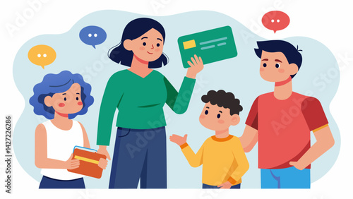 A sibling sharing their experience with credit card debt and how they overcame it prompting a lively discussion with their family.. Vector illustration