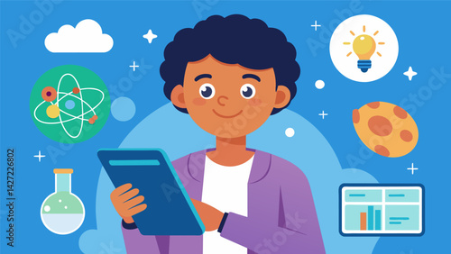 A young student is exploring different science concepts on their tablet with interactive simulations and engaging activities on an educational app.. Vector illustration