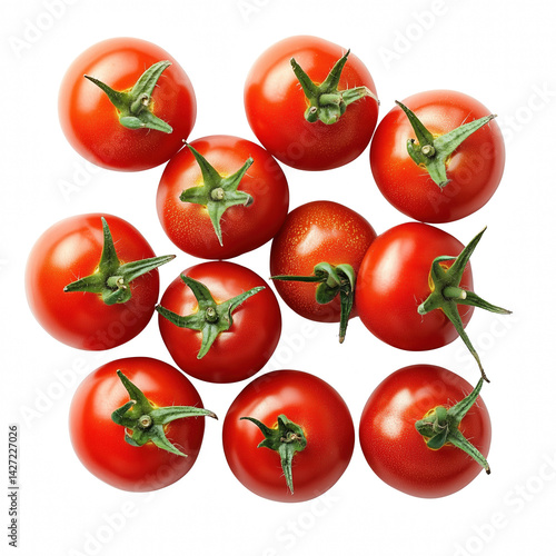 Group of fresh red tomatoes with green stems