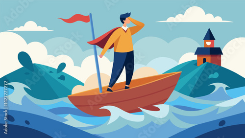 A student standing on a boat navigating through choppy waters and turbulent storms representing the challenges and obstacles of the scholarship. Vector illustration