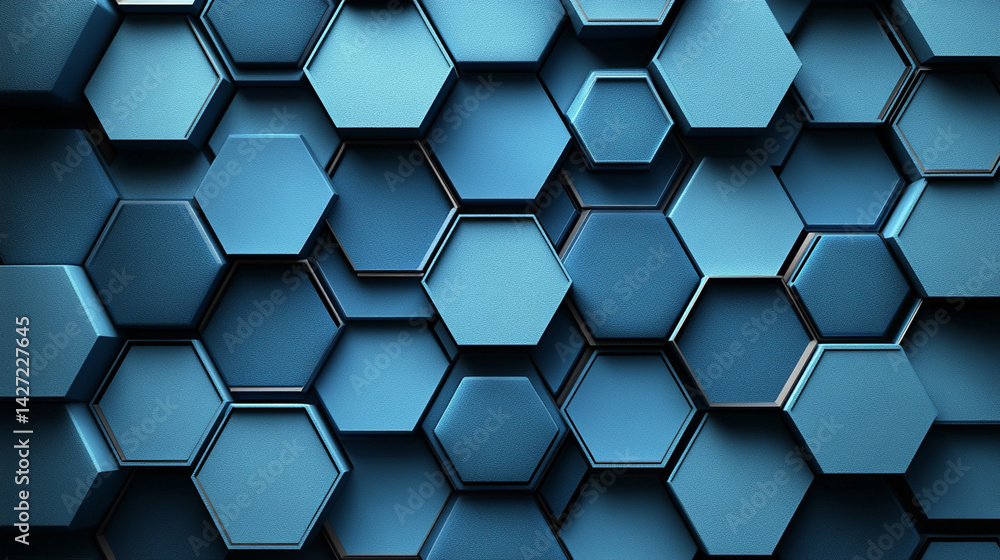 Abstract geometric background of overlapping hexagonal shapes in a deep blue color. Abstract geometric background of overlapping hexagonal shapes in a deep blue color.