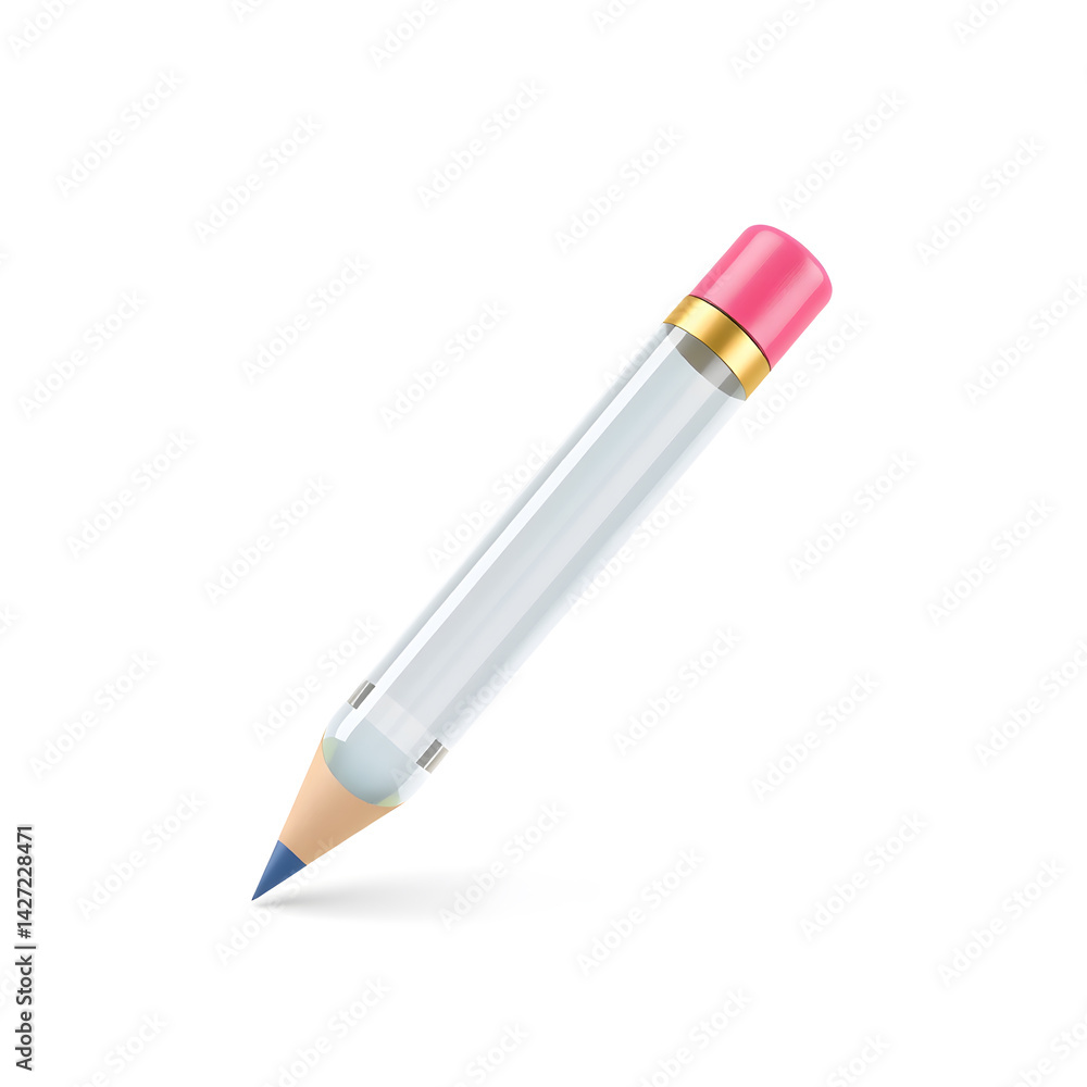 Pencil – A 3D glass pencil, smooth and sharp, transparent with a glowing eraser tip, white background, icon illustration. Generative AI