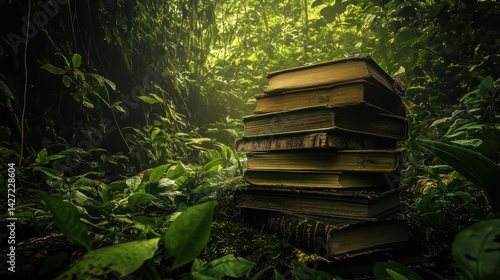 Fototapeta Naklejka Na Ścianę i Meble -  A Stack of Old Books Surrounded by Lush Green Jungle Foliage