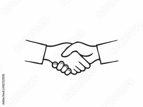A simple line drawing depicts two hands clasped in a firm handshake