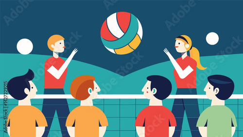 Both teams with their eyes glued to the ball waiting to see who will emerge victorious from the spike.. Vector illustration