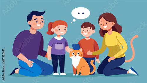 A family gathered around their pet cat eagerly listening to the translation device as it decodes the cats meows and purrs.. Vector illustration
