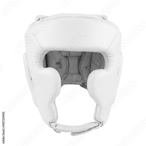 Isolated white martial arts headgear with soft padding for training and sparring