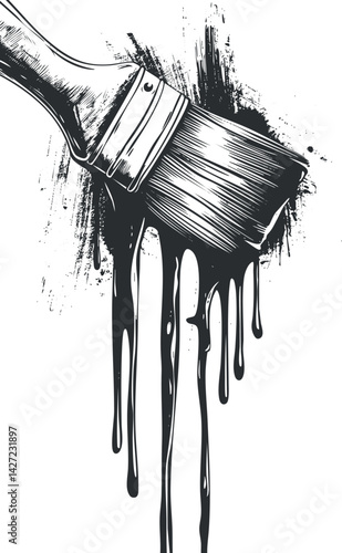 An artistic illustration of a dripping paintbrush creating a textured black and white effect.