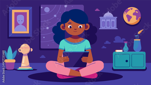 A young girl sits in her bedroom completely engrossed in her tablet as she scrolls through a virtual museum tour of famous inventors.. Vector illustration