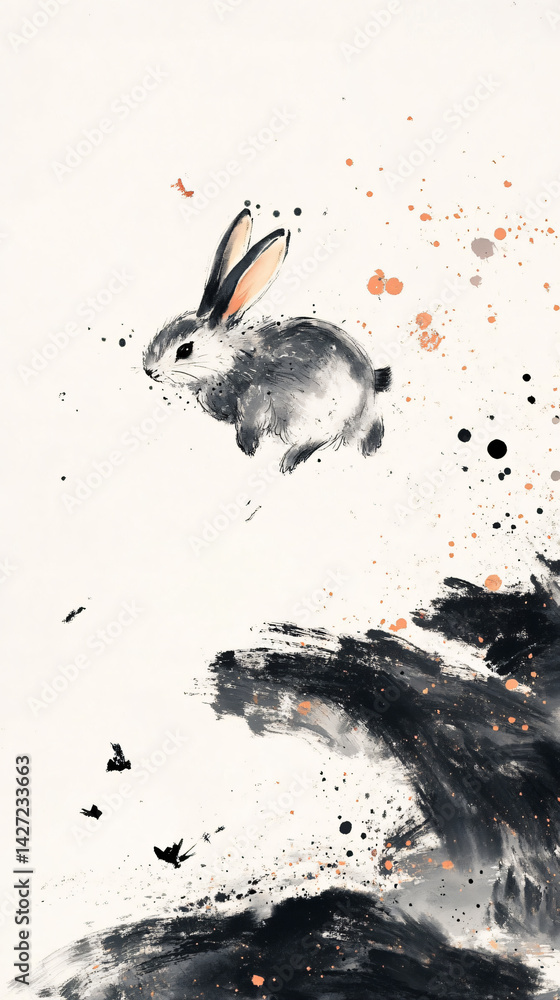 Fototapeta premium Colorful Whimsical Rabbit Watercolor Splash Art - Dynamic Decorative Animal Illustration for Fine Art Enthusiasts