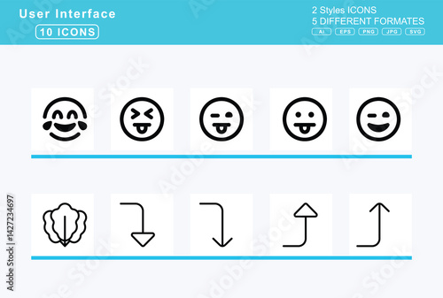 Set of 5 rounded user interface icons,grid, dividers, grill, grimace, grin