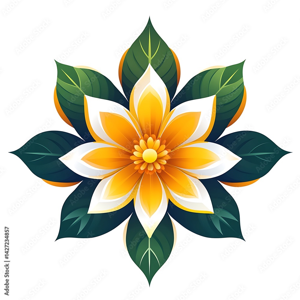 Fototapeta premium Elegant Yellow Flower Photo Illustration With Dark Green Leaves Ornamentation On White