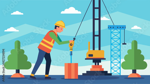 The precise and coordinated movements of the pile driver operator carefully positioning the pile for maximum stability.. Vector illustration
