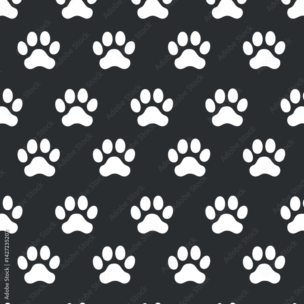 Fototapeta premium Seamless pattern featuring white paw prints on a black background suitable for various design projects.