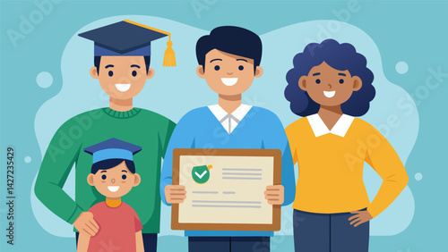 A family of firstgeneration college students proudly displays a framed copy of their statesponsored savings plan contribution statement symbolizing. Vector illustration
