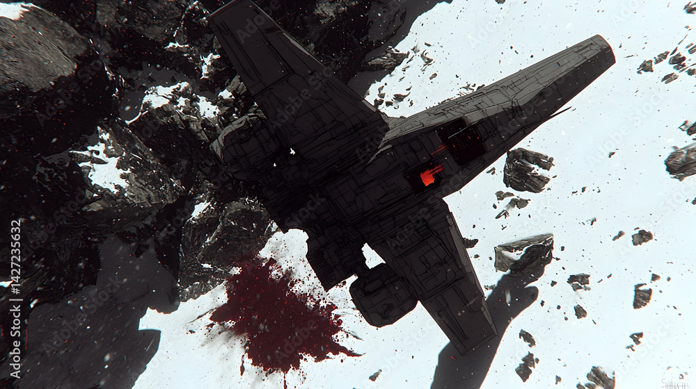 Naklejka premium Spaceship Crashing Asteroid Field Red Blood Space Battle Sci-Fi