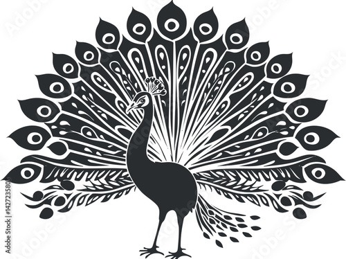 Stylized black and white illustration of a peacock with elaborate tail feathers.