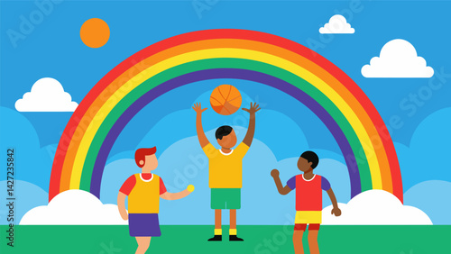 A rainbow arc fills the sky as a player sinks a perfect threepointer eliciting cheers and highfives from his teammates.. Vector illustration