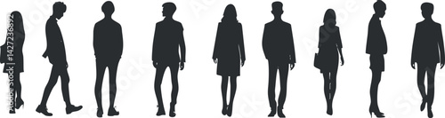 Silhouette of diverse business people in various poses representing teamwork and professionalism