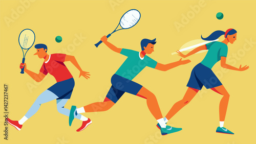 As the rally continues the players movements become fluid and graceful showcasing the true athleticism of the sport of squash.. Vector illustration