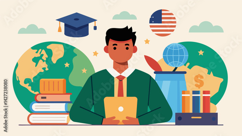 A student proudly shares their story of studying abroad using financial aid dispelling the belief that it can only be used for American universities.. Vector illustration