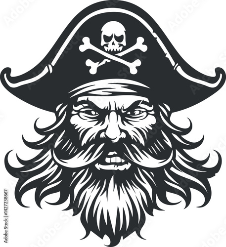 A fierce pirate with a skull and crossbones hat and a distinctive beard illustration.