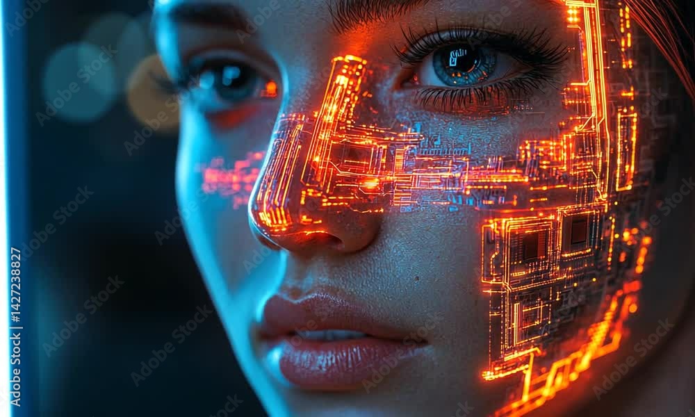 Futuristic portrait of a woman with digital circuitry on her face, glowing in a tech-inspired environment Futuristic portrait of a woman with digital circuitry on her face, glowing in a tech-inspired environment