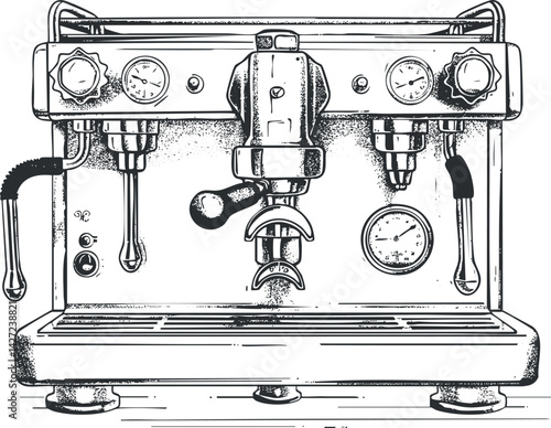A detailed illustration of a vintage espresso machine showcasing its components and design.