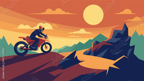 A rider popping a wheelie as they cruise down a wide rocky ridgeline the sun warming their face and the wind in their hair.. Vector illustration
