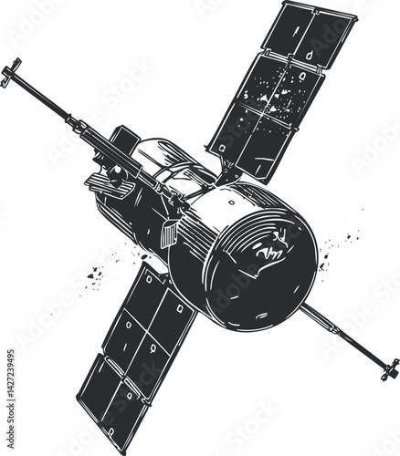 A detailed illustration of a satellite in orbit showcasing its solar panels and design features.