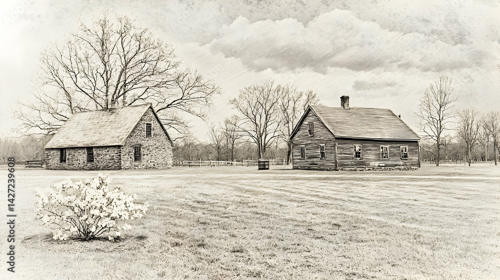 Obraz premium Historic Rural Landscape With Stone And Log Houses