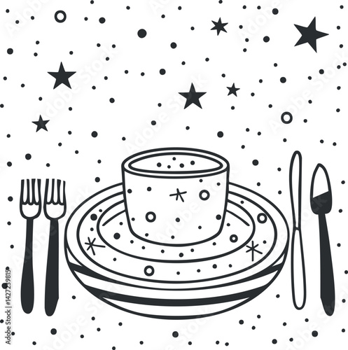 A whimsical illustration of a dining setup featuring a plate and cutlery against a starry background.