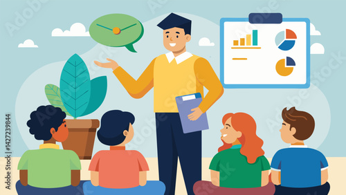 A financial advisor speaks to a group of young adults about the power of compound interest and how starting a statesponsored college savings plan. Vector illustration