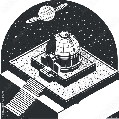 An illustrated observatory under a starry sky featuring Saturn and a large dome structure.