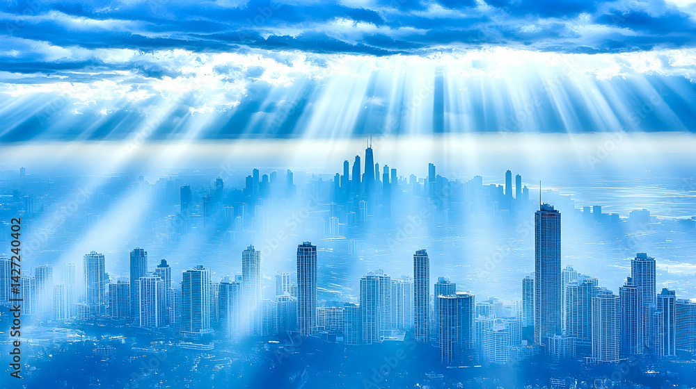 Fototapeta premium Sun rays breaking through clouds over a hazy city skyline; ideal for hope, optimism, and future concepts