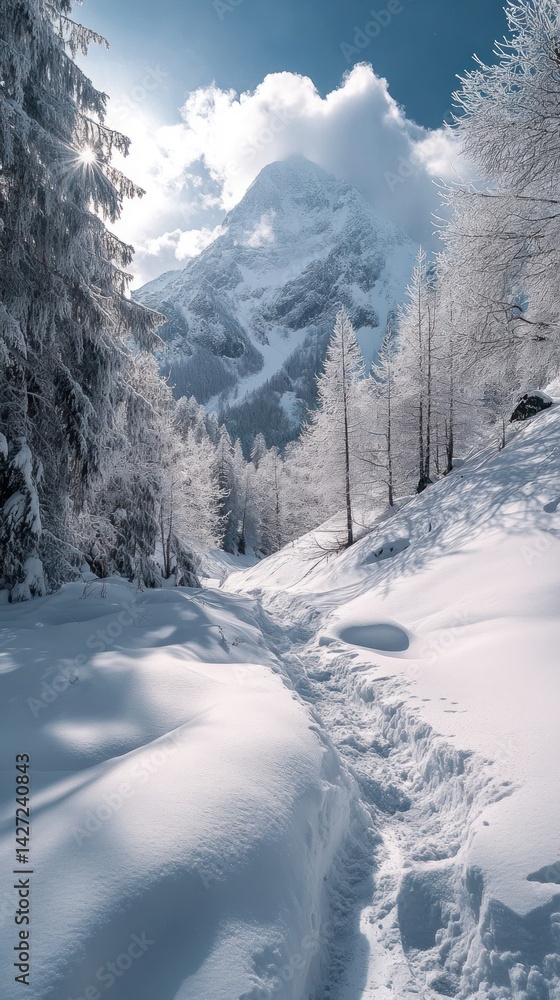 Obraz premium A snowy mountain landscape with a trail through a forest