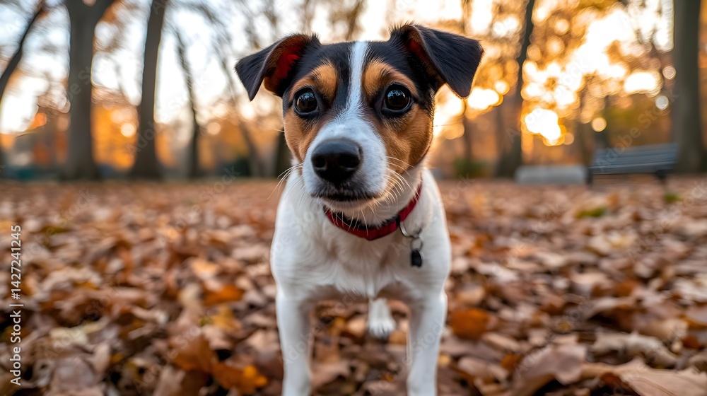 Adorable Mixed Breed Dog with Brown and White Coat in Autumn Park Adorable Mixed Breed Dog with Brown and White Coat in Autumn Park