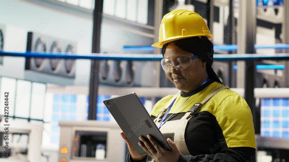 custom made wallpaper toronto digitalSmiling engineer in smart factory performing predictive maintenance using tablet, analyzing IoT sensor data. Industrial plant worker managing operational reliability of photovoltaic systems, camera B