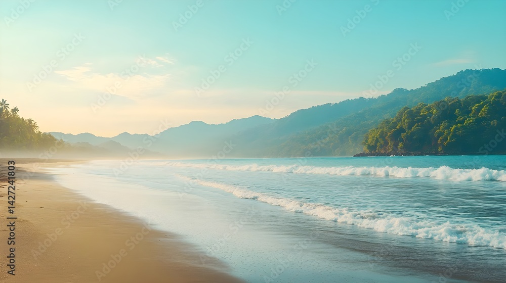 Obraz premium Serene Beach Scene with Gentle Waves and Lush Green Mountains