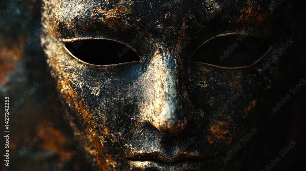 A detailed close up of a metallic looking face mask A detailed close up of a metallic looking face mask