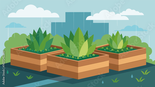 Large planter boxes are strategically p to create a natural barrier and protect the green roof from harsh winds.. Vector illustration