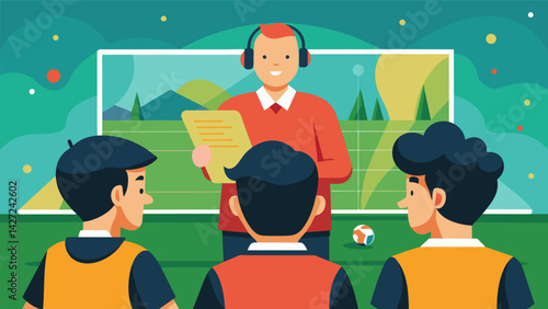 From the sidelines the attentive open mic commentators provide detailed analysis of the unorthodox version of soccer being played by the local youth. Vector illustration
